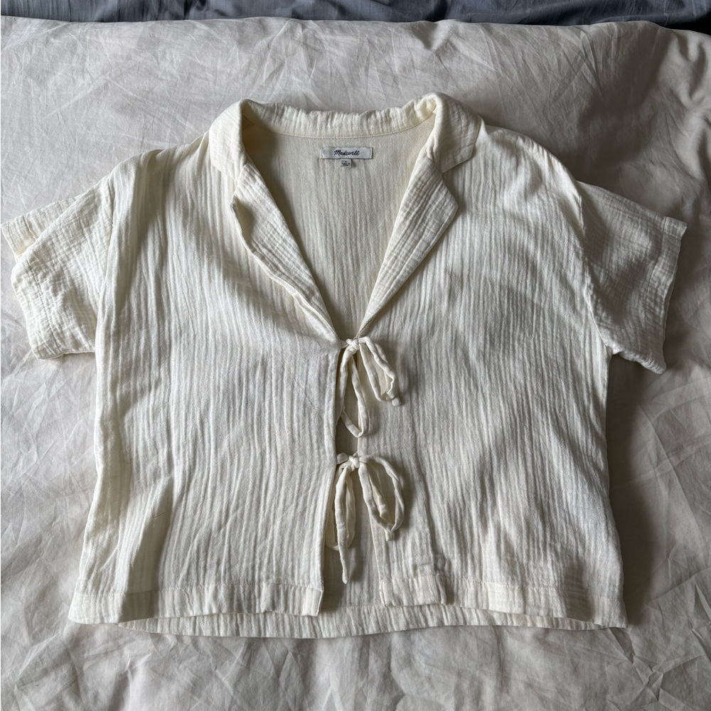 Madewell Cream Tie-Front Short Sleeve Buttonless Top